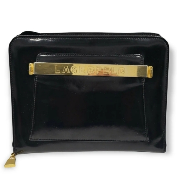 Handbags - KARL LAGERFELD black patent leather zip around agenda day planner case‎ VTG RARE
